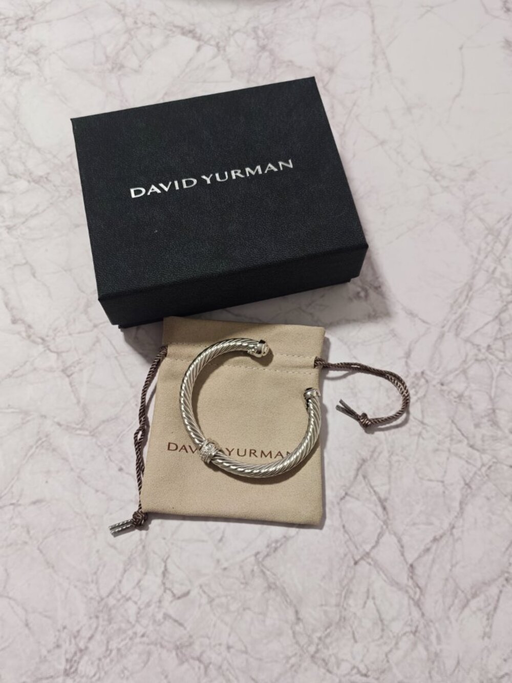 **Sterling Silver Cable Cuff Bracelet with CZ Crystal Station, Open Bangle** - Picture 2 of 7